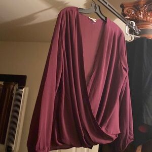 Purple silk like low cut blouse long sleeves